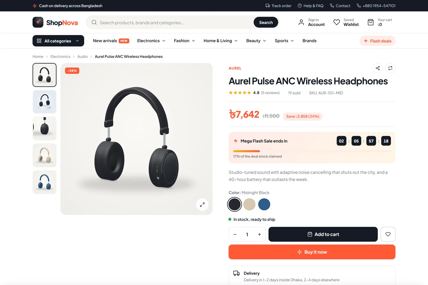 Product page with colour variants, flash-sale pricing and delivery promises