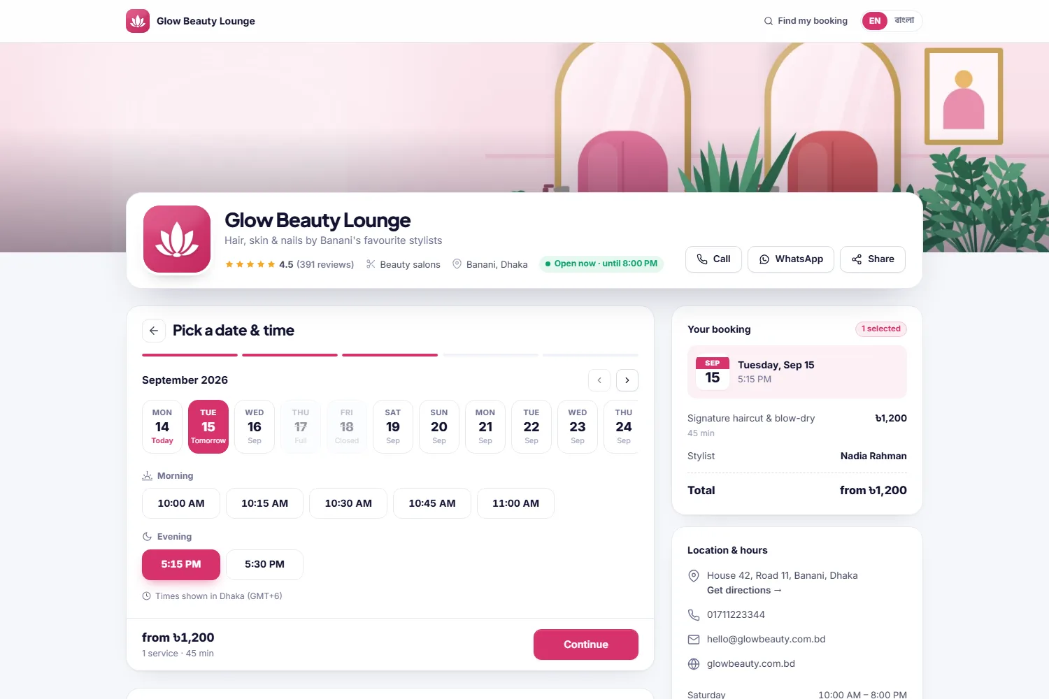 Booking page: pick a service, a team member and a time that is really free