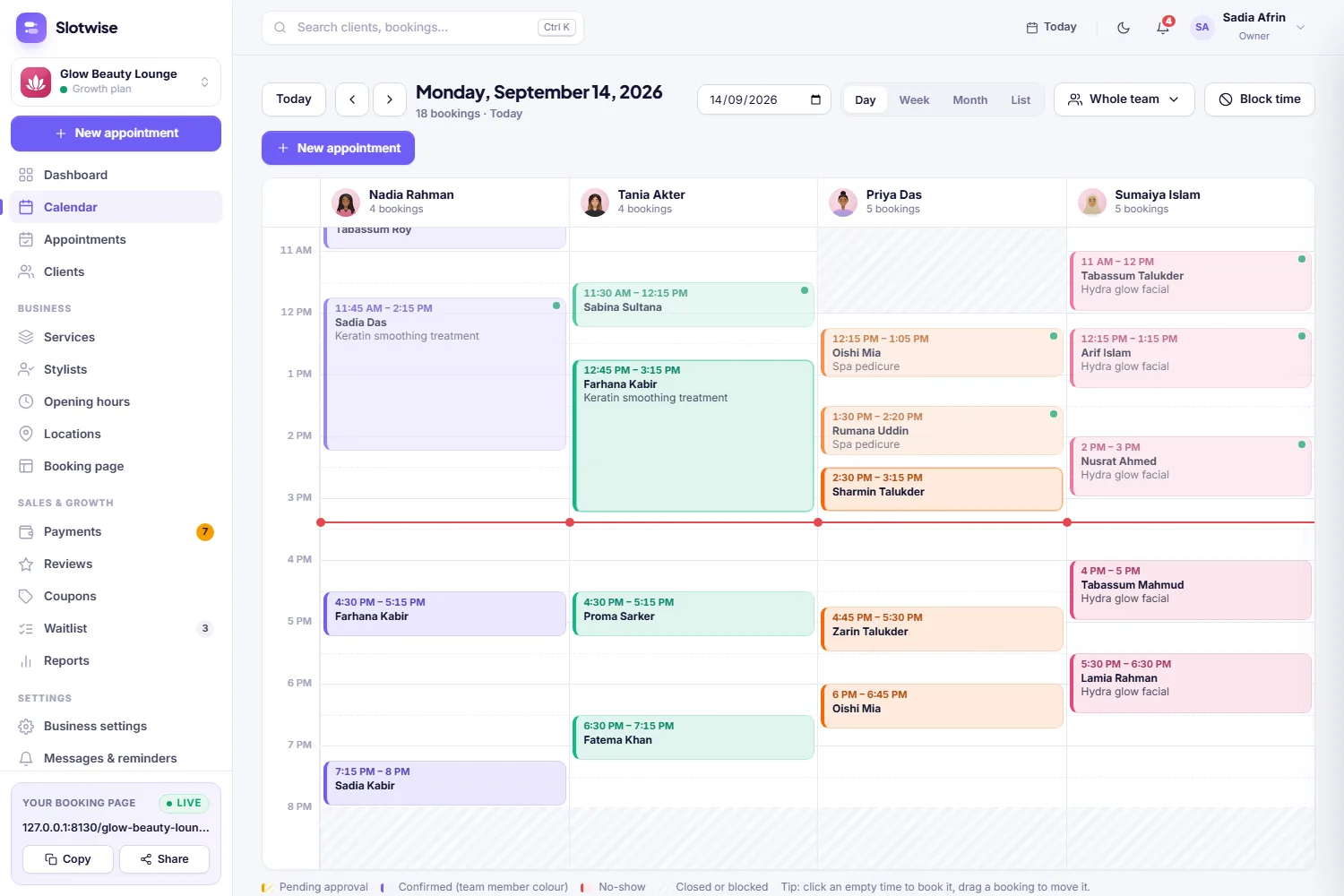 Team calendar with every staff member side by side, drag to reschedule