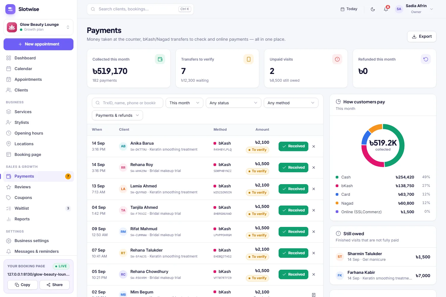 Payments with bKash / Nagad transaction-ID verification, refunds and receipts