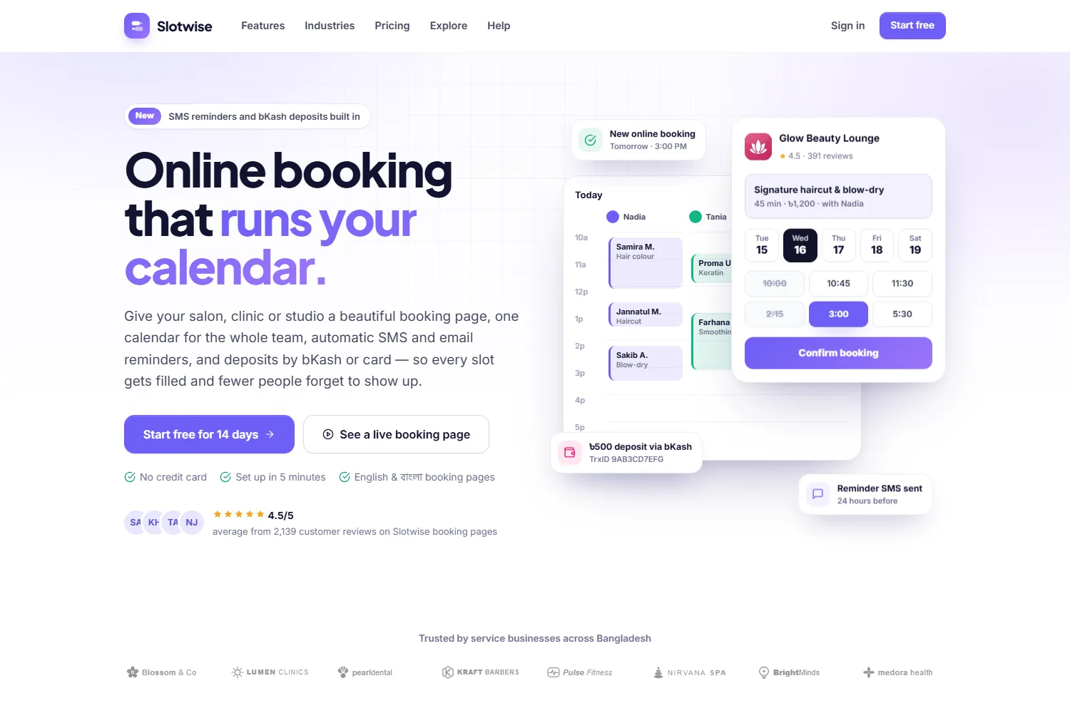 Marketing website with pricing, industries and a help centre — all managed from the admin panel