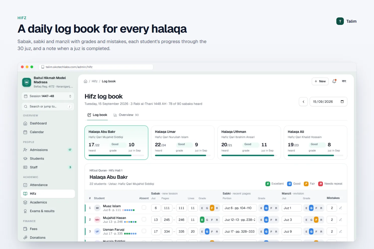A daily log book for every halaqa